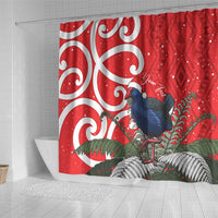 Personalized New Zealand Pukeko Christmas Shower Curtain Meri Kirihimete Taniko Ponga Koru Red - Polynesian Pride