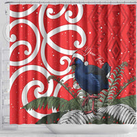 Personalized New Zealand Pukeko Christmas Shower Curtain Meri Kirihimete Taniko Ponga Koru Red - Polynesian Pride