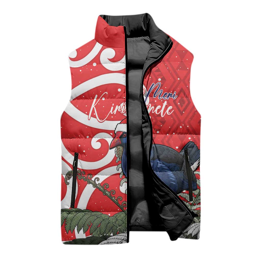 Personalized New Zealand Pukeko Christmas Sleeveless Puffer Jacket Meri Kirihimete Taniko Ponga Koru Red - Polynesian Pride