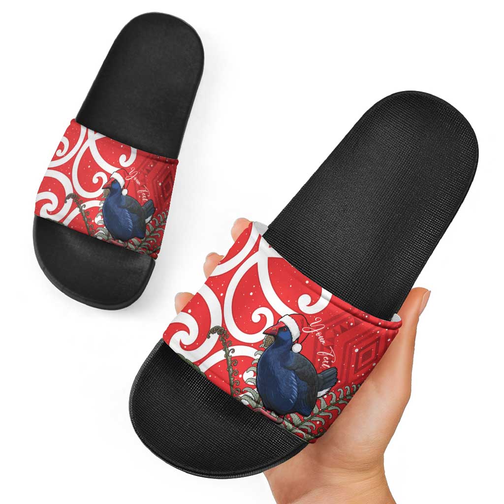 Personalized New Zealand Pukeko Christmas Slide Sandals Meri Kirihimete Taniko Ponga Koru Red - Polynesian Pride