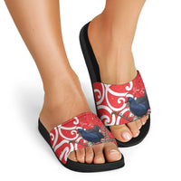 Personalized New Zealand Pukeko Christmas Slide Sandals Meri Kirihimete Taniko Ponga Koru Red - Polynesian Pride
