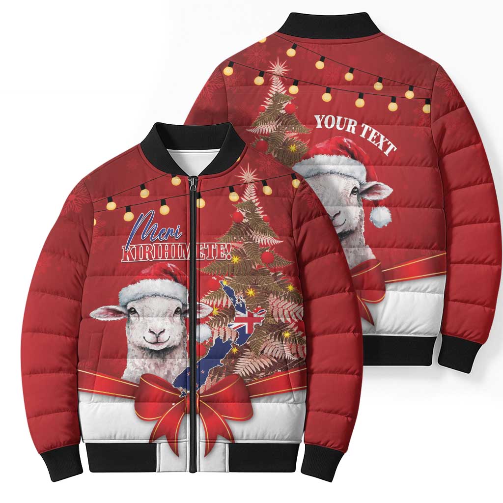 Personalized New Zealand Sheep Christmas Bomber Puffer Jacket Hipi Meri Kirihimete Silver Fern Xmas Tree - Polynesian Pride