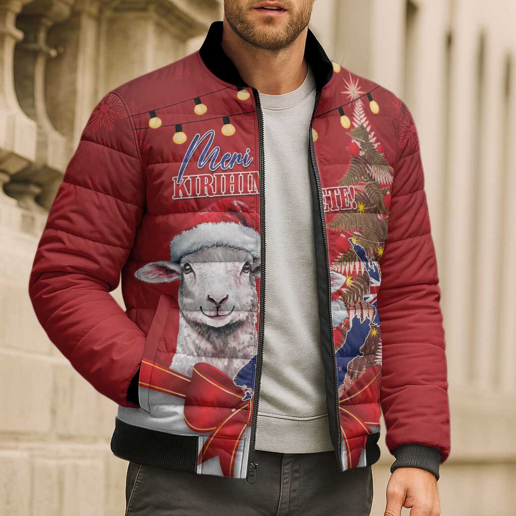 Personalized New Zealand Sheep Christmas Bomber Puffer Jacket Hipi Meri Kirihimete Silver Fern Xmas Tree - Polynesian Pride