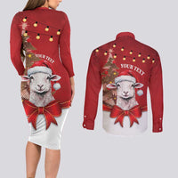 Personalized New Zealand Sheep Christmas Couples Matching Long Sleeve Bodycon Dress and Long Sleeve Button Shirt Hipi Meri Kirihimete Silver Fern Xmas Tree - Polynesian Pride