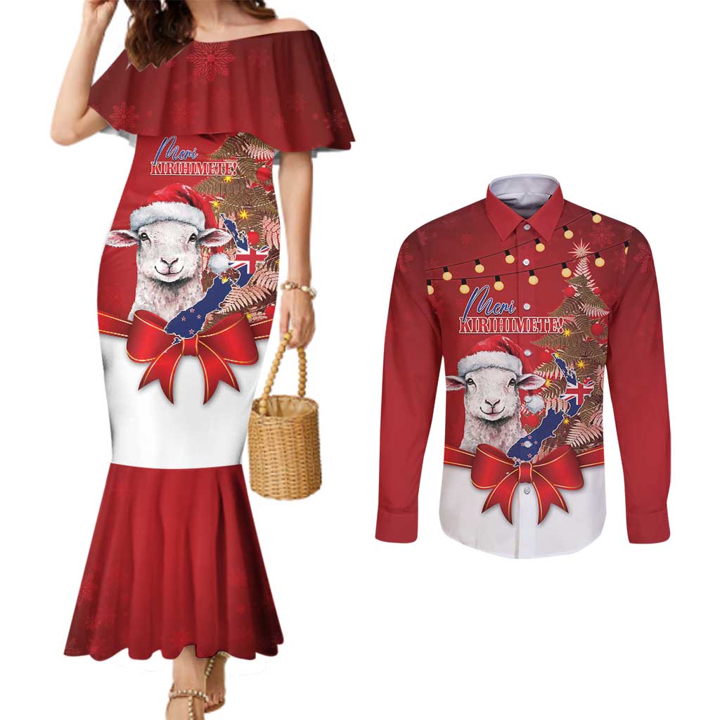 Personalized New Zealand Sheep Christmas Couples Matching Mermaid Dress and Long Sleeve Button Shirt Hipi Meri Kirihimete Silver Fern Xmas Tree - Polynesian Pride