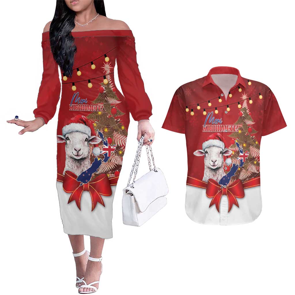 Personalized New Zealand Sheep Christmas Couples Matching Off The Shoulder Long Sleeve Dress and Hawaiian Shirt Hipi Meri Kirihimete Silver Fern Xmas Tree - Polynesian Pride