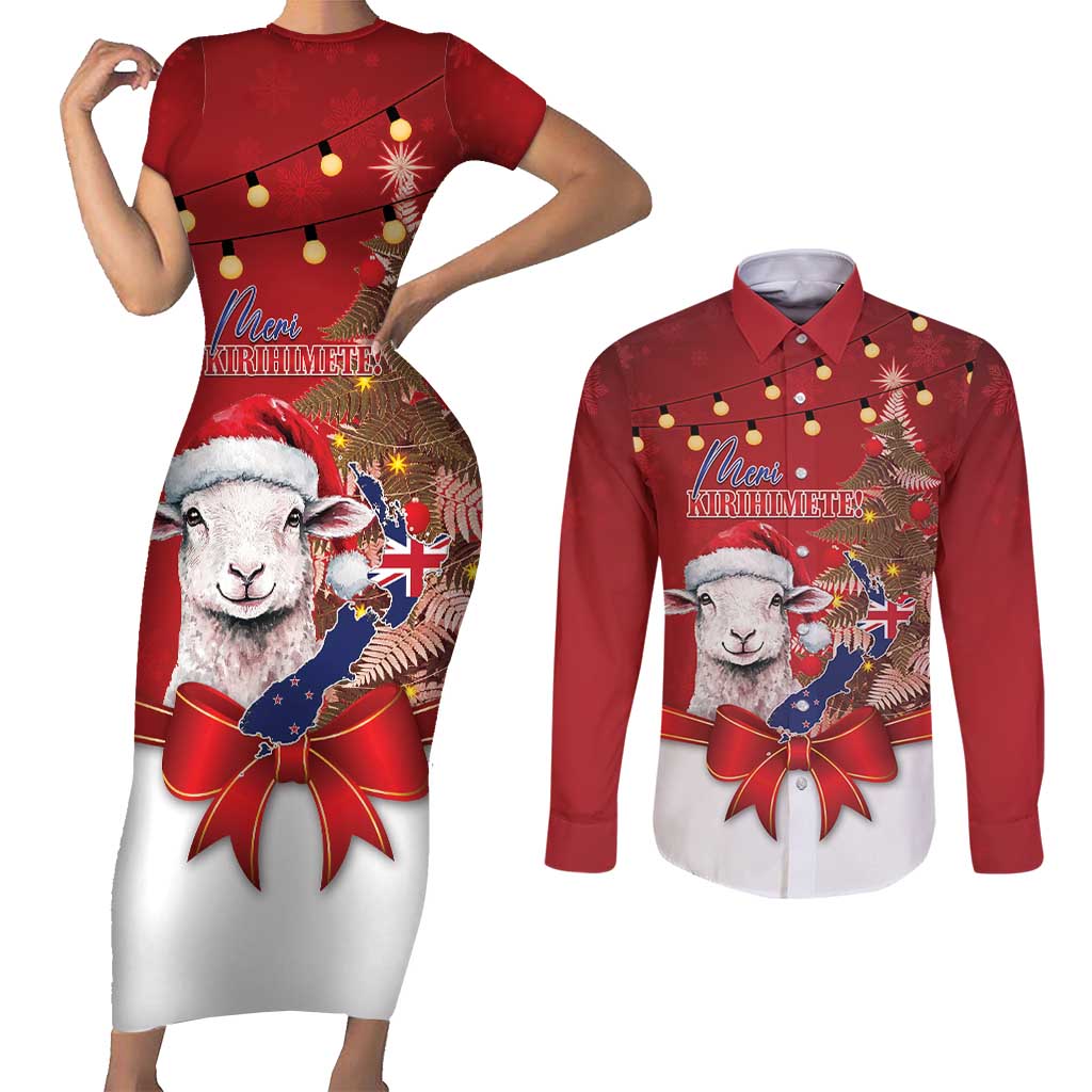 Personalized New Zealand Sheep Christmas Couples Matching Short Sleeve Bodycon Dress and Long Sleeve Button Shirt Hipi Meri Kirihimete Silver Fern Xmas Tree - Polynesian Pride