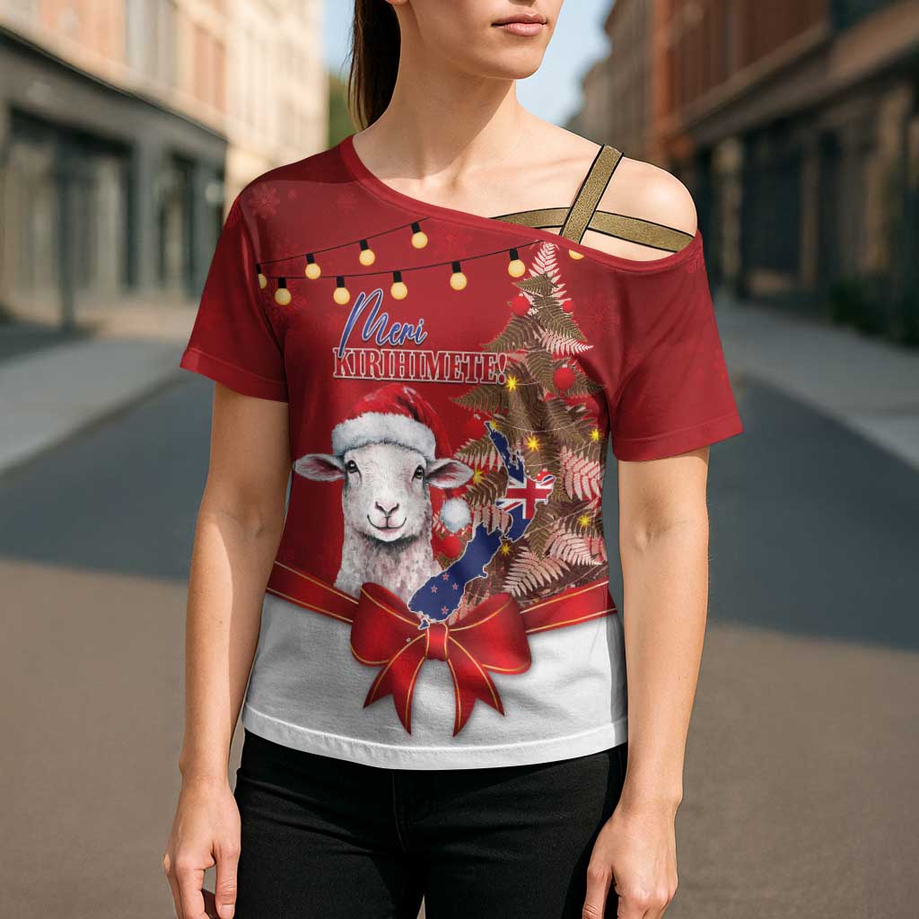 Personalized New Zealand Sheep Christmas Cross Shoulder Shirt Hipi Meri Kirihimete Silver Fern Xmas Tree - Polynesian Pride