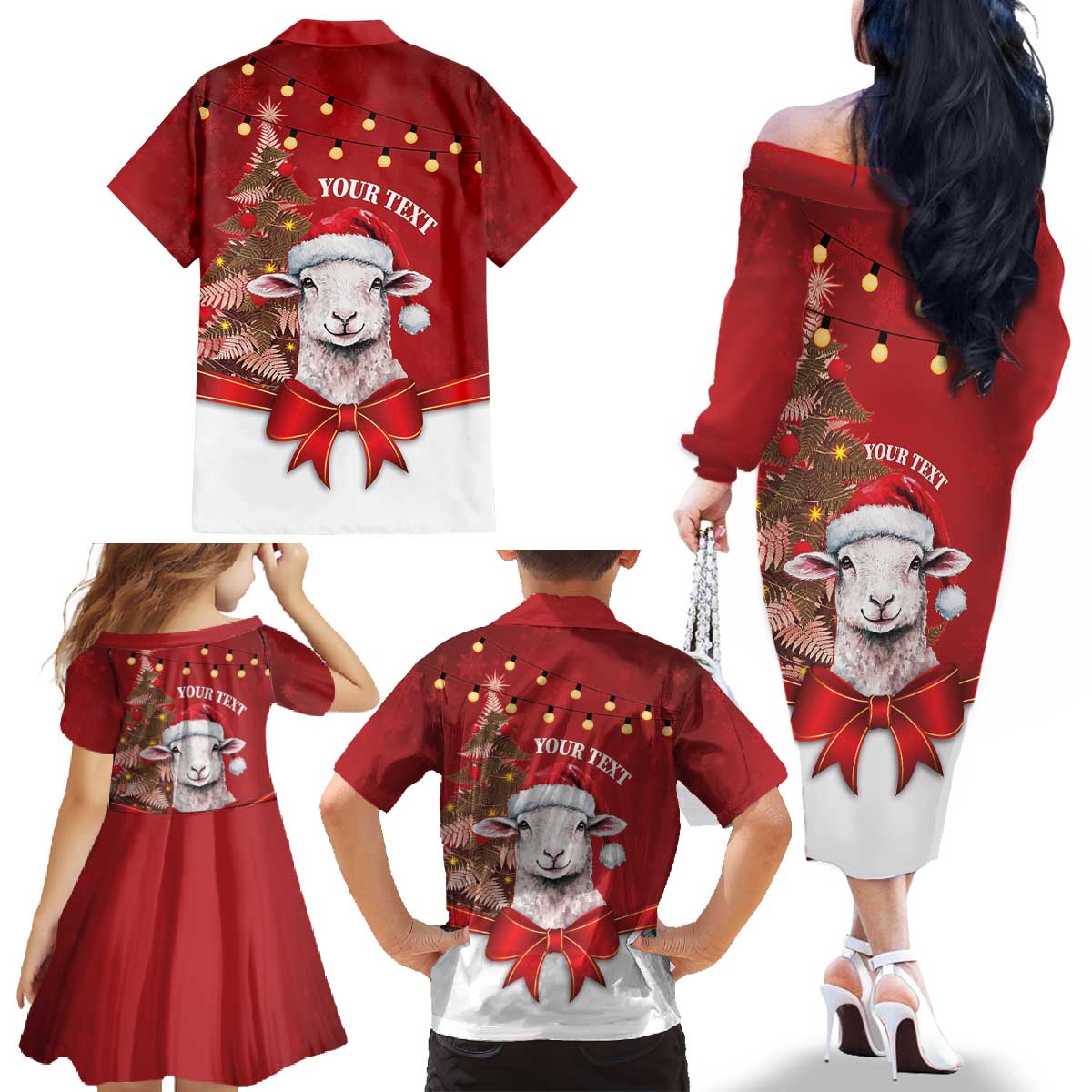 Personalized New Zealand Sheep Christmas Family Matching Off The Shoulder Long Sleeve Dress and Hawaiian Shirt Hipi Meri Kirihimete Silver Fern Xmas Tree - Polynesian Pride