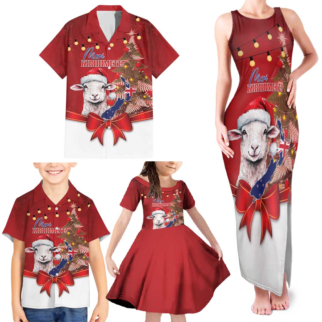 Personalized New Zealand Sheep Christmas Family Matching Tank Maxi Dress and Hawaiian Shirt Hipi Meri Kirihimete Silver Fern Xmas Tree - Polynesian Pride