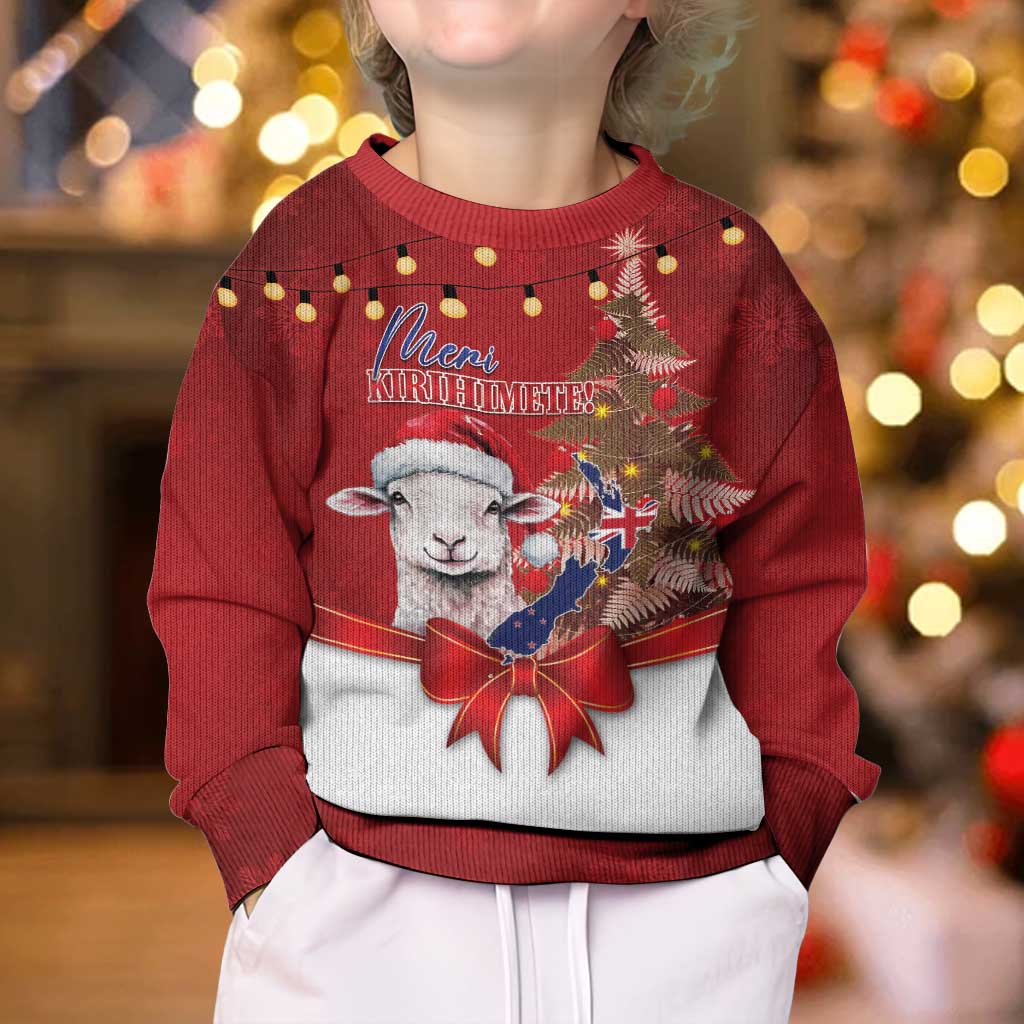Personalized New Zealand Sheep Christmas Kid Ugly Christmas Sweater Hipi Meri Kirihimete Silver Fern Xmas Tree - Polynesian Pride