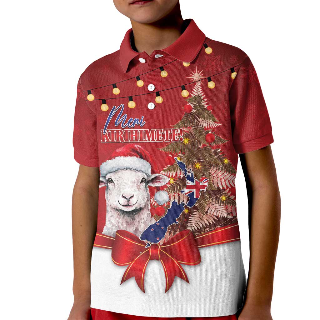 Personalized New Zealand Sheep Christmas Kid Polo Shirt Hipi Meri Kirihimete Silver Fern Xmas Tree - Polynesian Pride