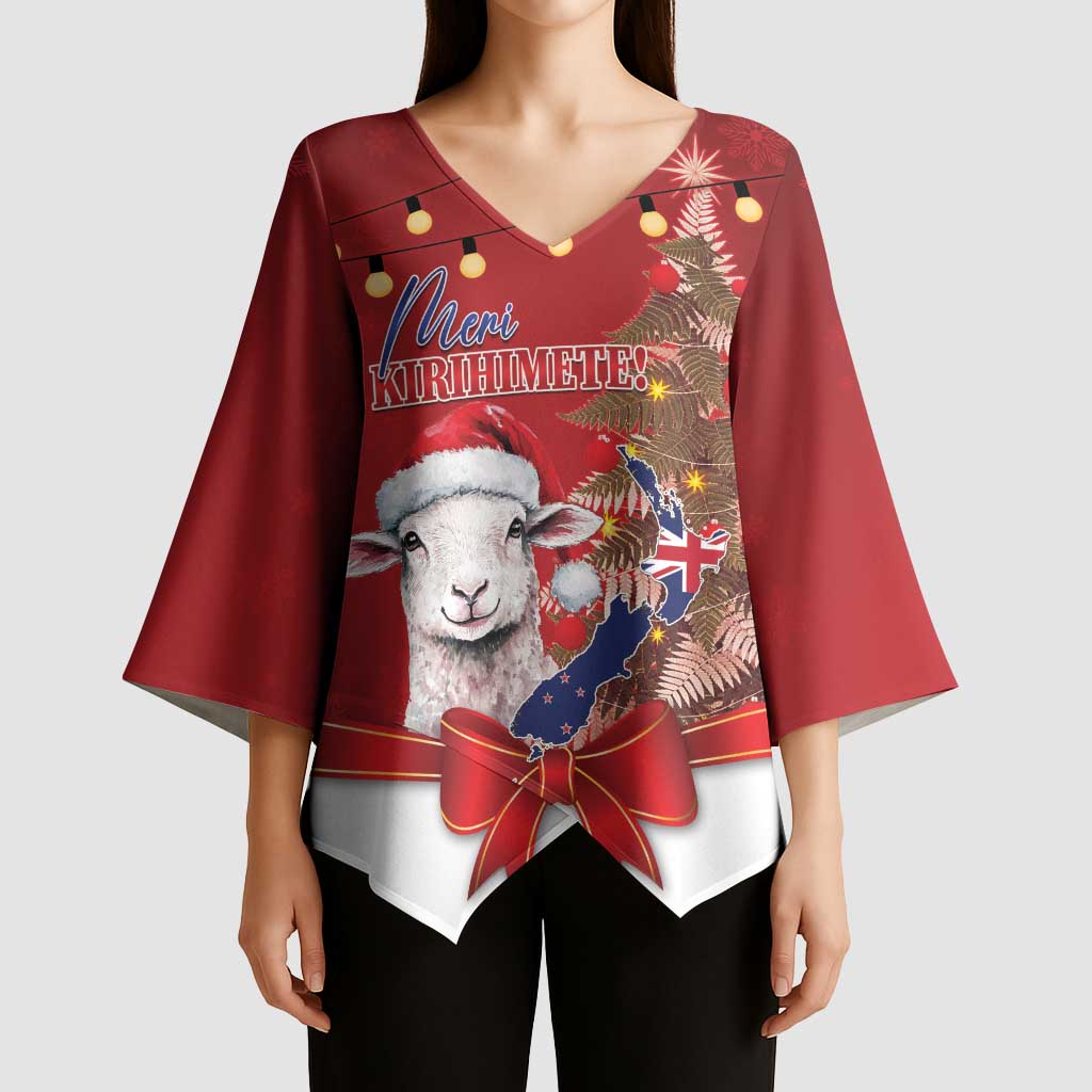 Personalized New Zealand Sheep Christmas Kimono Sleeve Blouse Hipi Meri Kirihimete Silver Fern Xmas Tree - Polynesian Pride