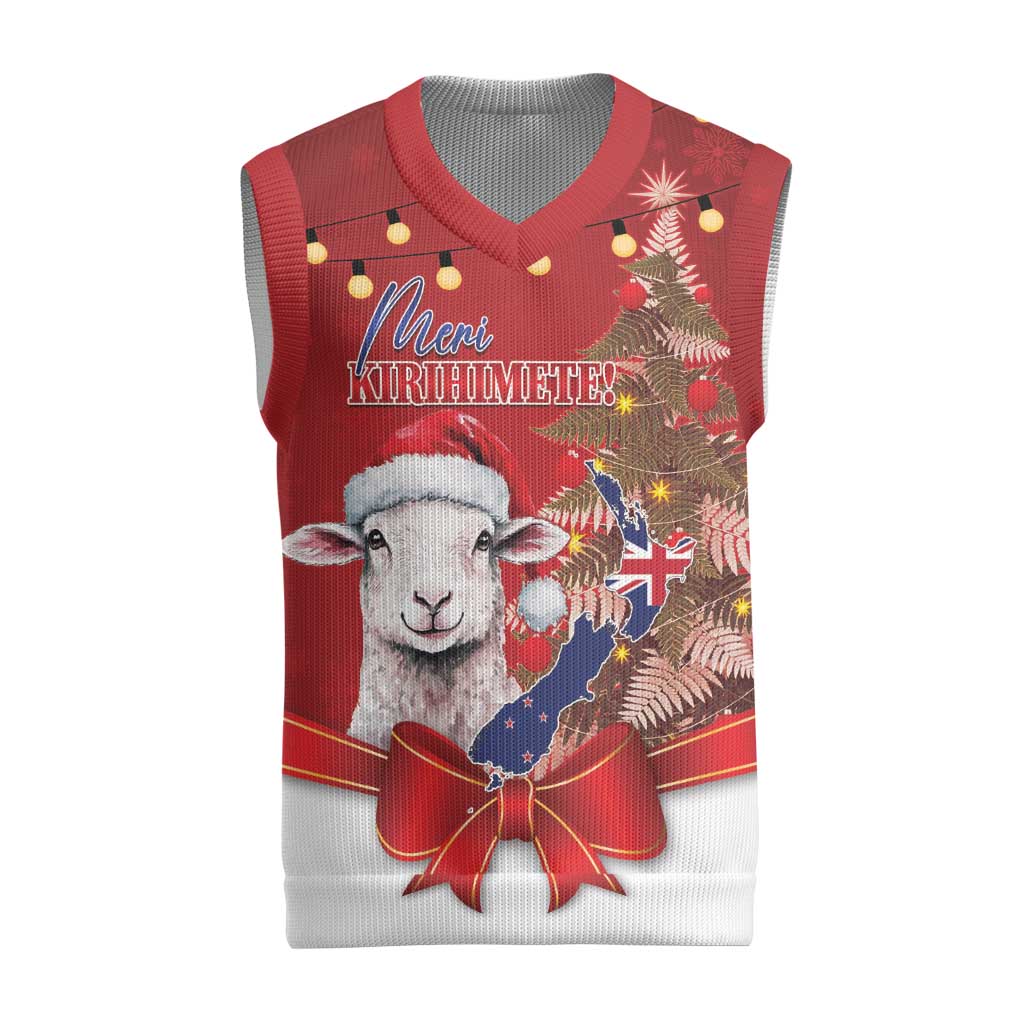 Personalized New Zealand Sheep Christmas Knitted V-Neck Vest Hipi Meri Kirihimete Silver Fern Xmas Tree - Polynesian Pride