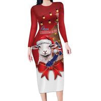 Personalized New Zealand Sheep Christmas Long Sleeve Bodycon Dress Hipi Meri Kirihimete Silver Fern Xmas Tree - Polynesian Pride
