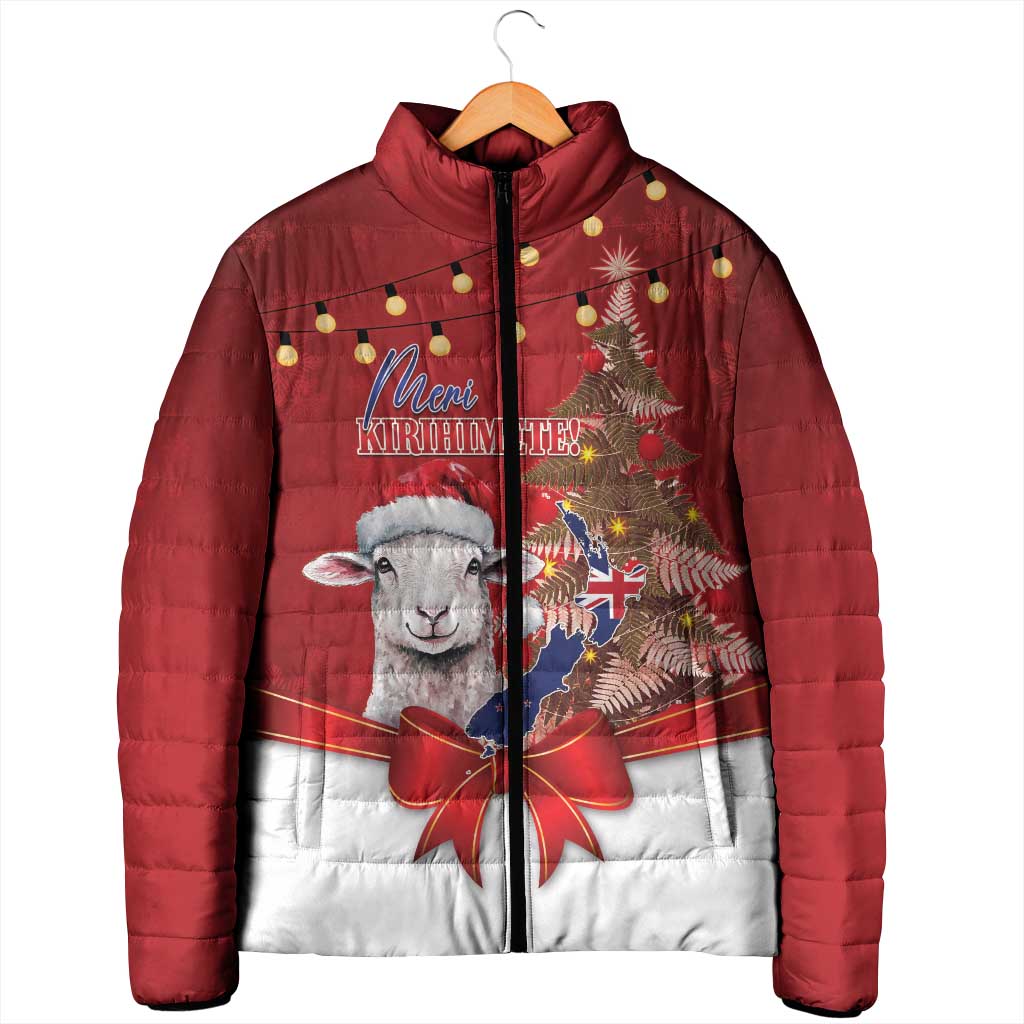 Personalized New Zealand Sheep Christmas Padded Jacket Hipi Meri Kirihimete Silver Fern Xmas Tree - Polynesian Pride