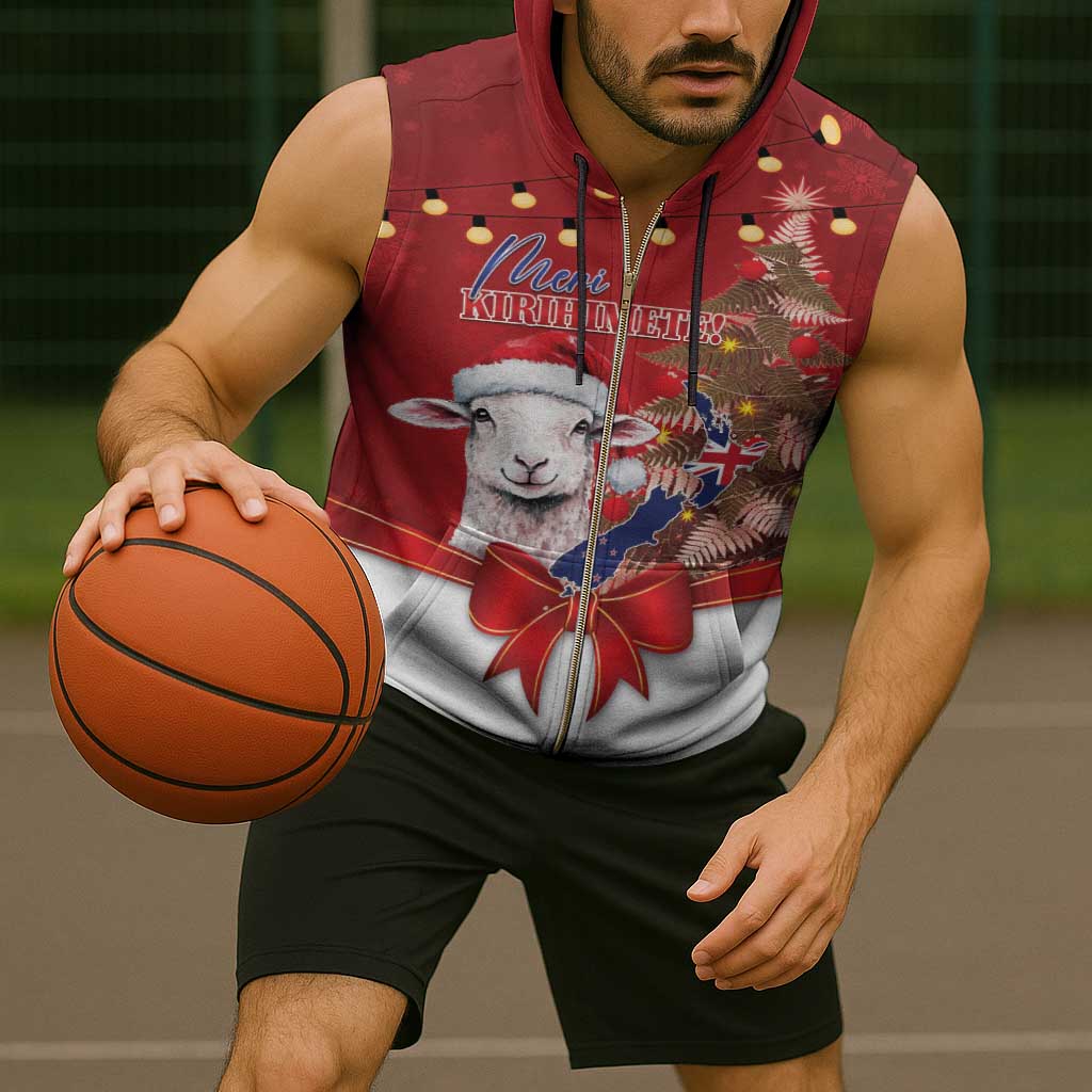 Personalized New Zealand Sheep Christmas Sleeveless Zip Hoodie Hipi Meri Kirihimete Silver Fern Xmas Tree - Polynesian Pride