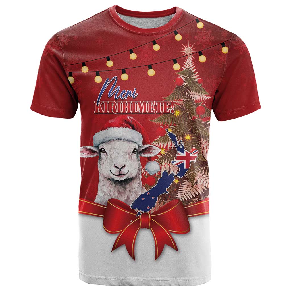 Personalized New Zealand Sheep Christmas T Shirt Hipi Meri Kirihimete Silver Fern Xmas Tree - Polynesian Pride
