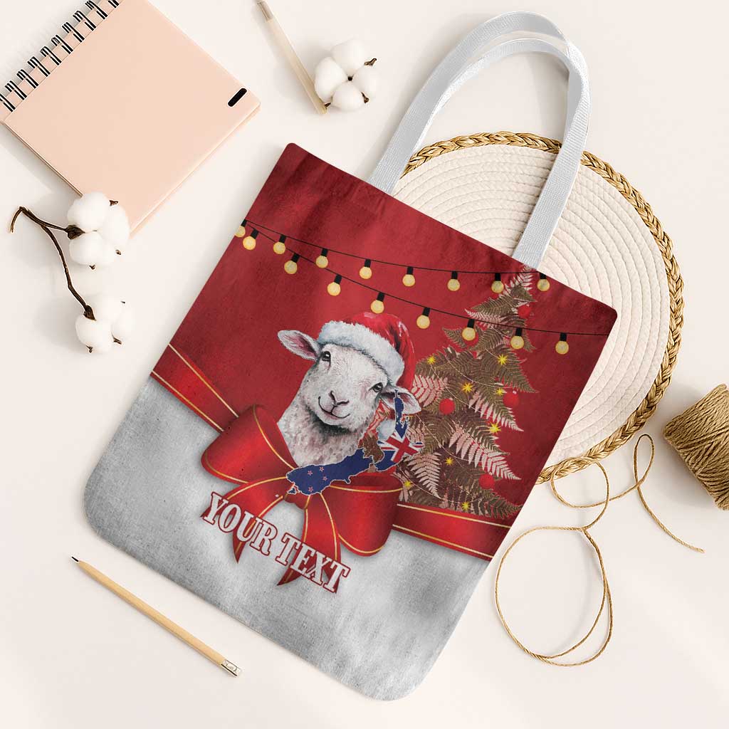 Personalized New Zealand Sheep Christmas Tote Bag Hipi Meri Kirihimete Silver Fern Xmas Tree - Polynesian Pride