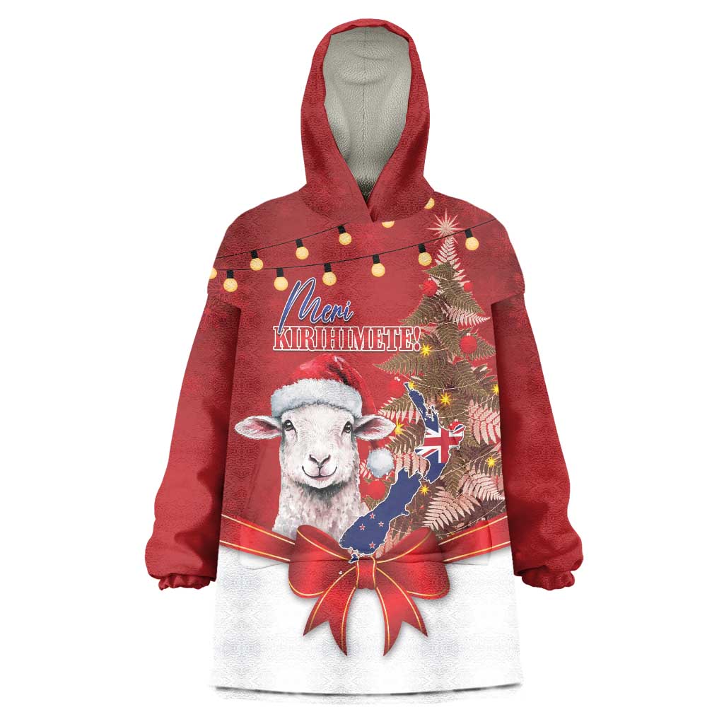 Personalized New Zealand Sheep Christmas Wearable Blanket Hoodie Hipi Meri Kirihimete Silver Fern Xmas Tree - Polynesian Pride