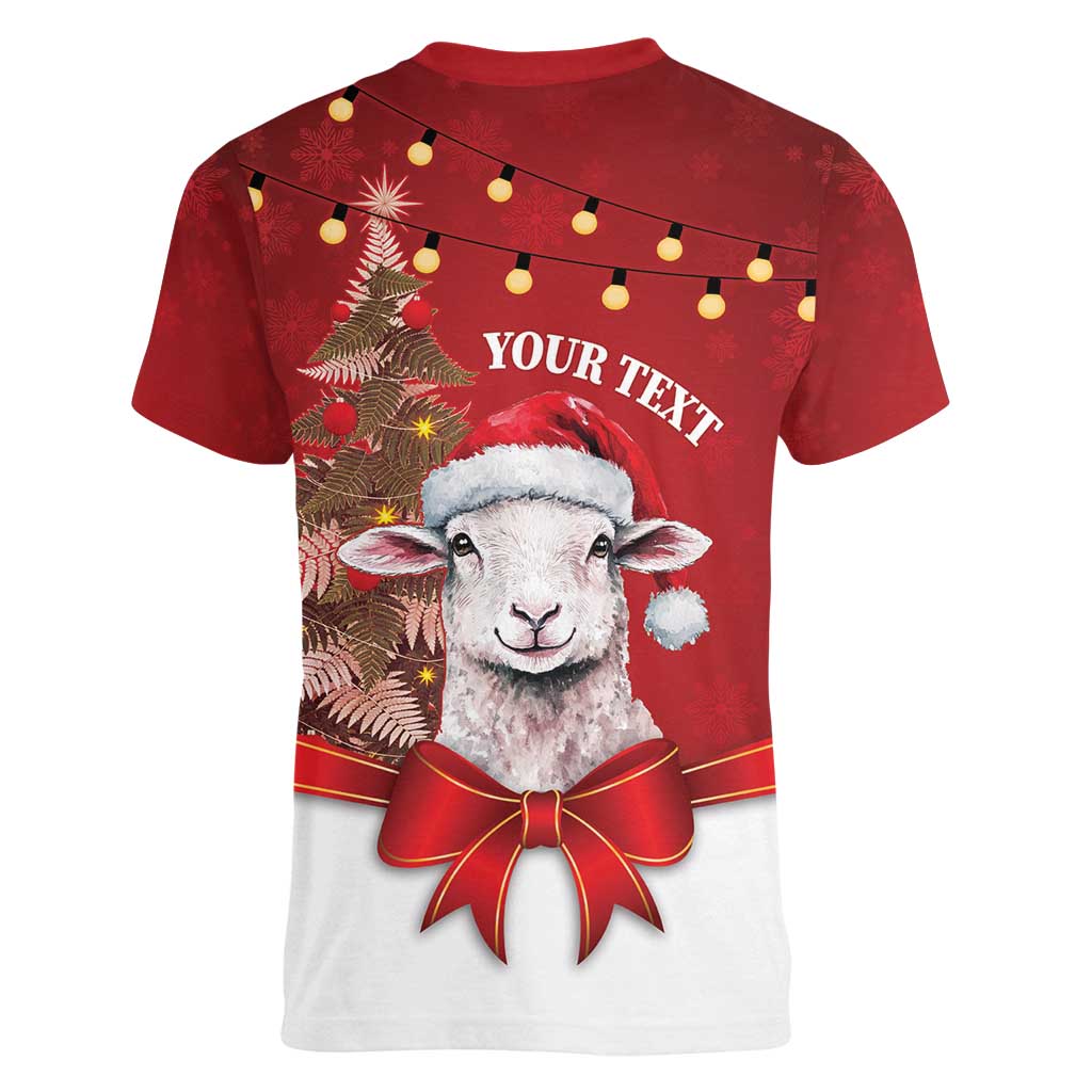 Personalized New Zealand Sheep Christmas Women V-Neck T-Shirt Hipi Meri Kirihimete Silver Fern Xmas Tree - Polynesian Pride