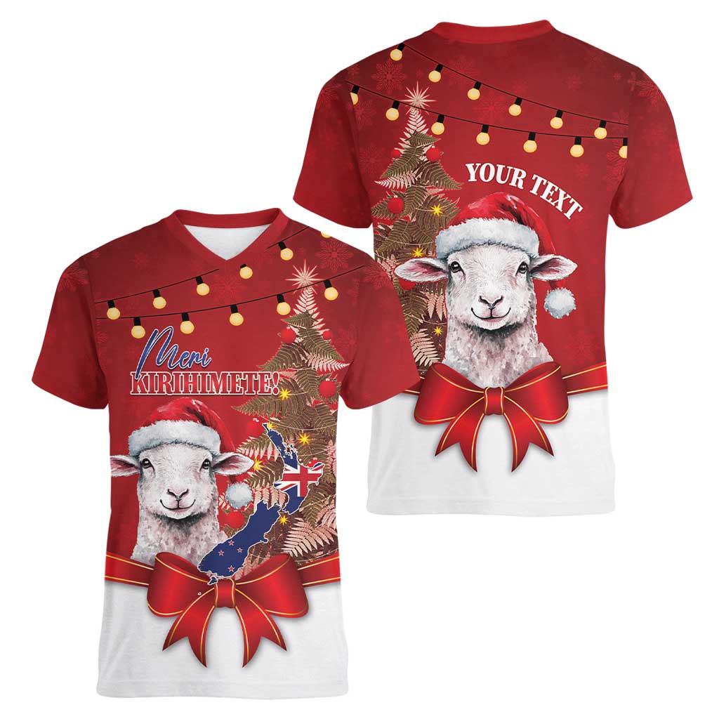 Personalized New Zealand Sheep Christmas Women V-Neck T-Shirt Hipi Meri Kirihimete Silver Fern Xmas Tree - Polynesian Pride