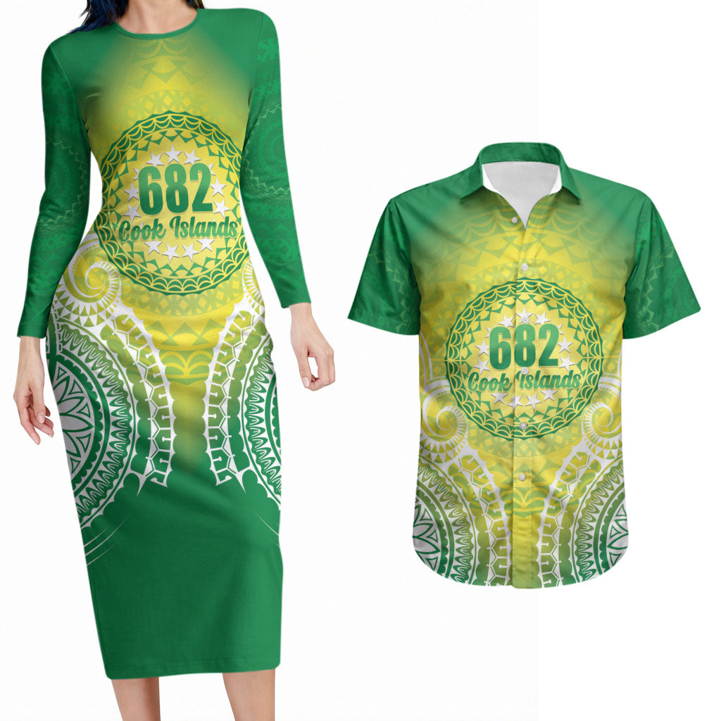 Cook Islands 682 Couples Matching Long Sleeve Bodycon Dress and Hawaiian Shirt Kuki 'Airani Area Code Proud LT14 Green - Polynesian Pride