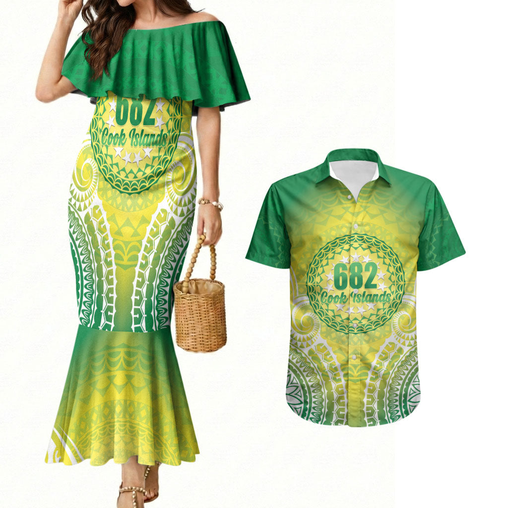 Cook Islands 682 Couples Matching Mermaid Dress and Hawaiian Shirt Kuki 'Airani Area Code Proud LT14 Green - Polynesian Pride