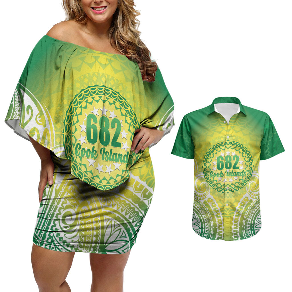 Cook Islands 682 Couples Matching Off Shoulder Short Dress and Hawaiian Shirt Kuki 'Airani Area Code Proud LT14 Green - Polynesian Pride