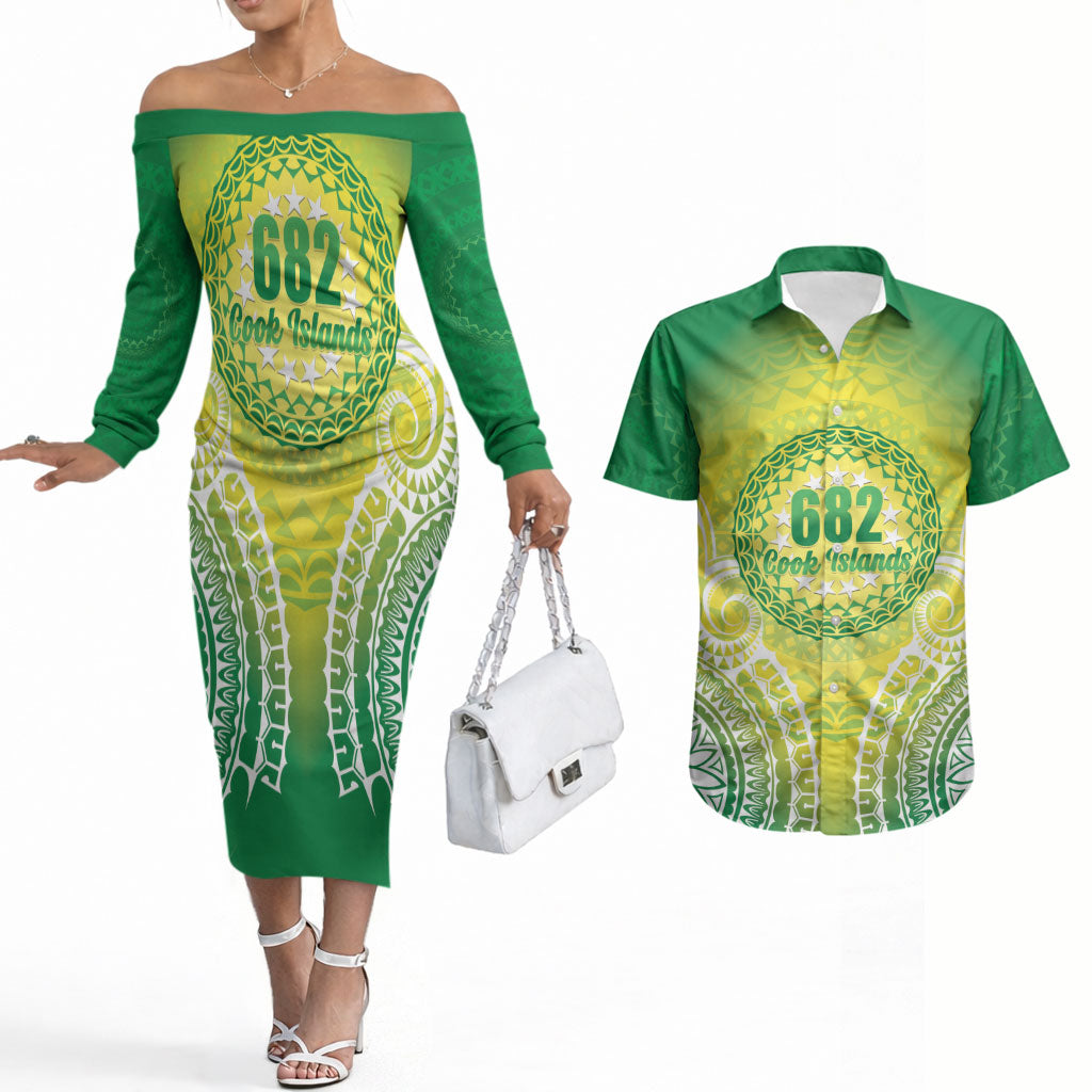 Cook Islands 682 Couples Matching Off The Shoulder Long Sleeve Dress and Hawaiian Shirt Kuki 'Airani Area Code Proud LT14 Green - Polynesian Pride