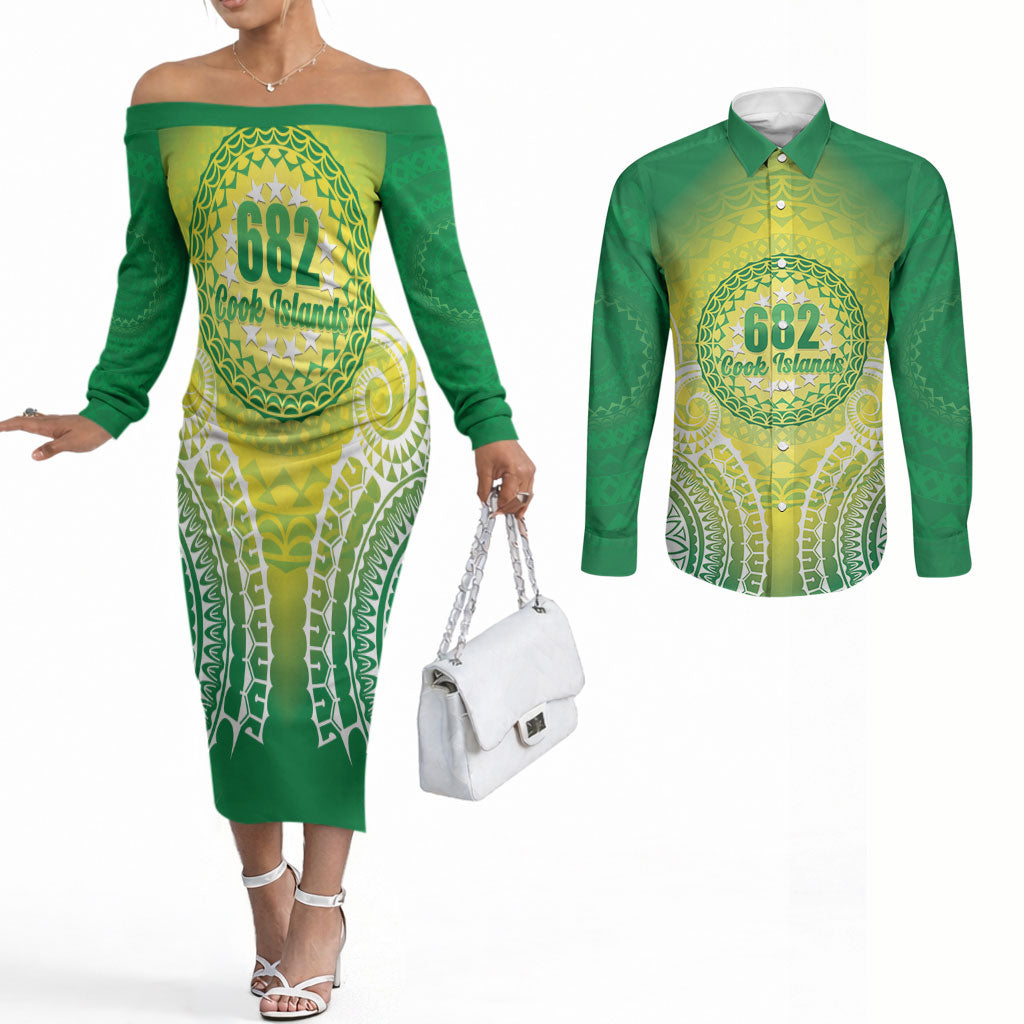 Cook Islands 682 Couples Matching Off The Shoulder Long Sleeve Dress and Long Sleeve Button Shirt Kuki 'Airani Area Code Proud
