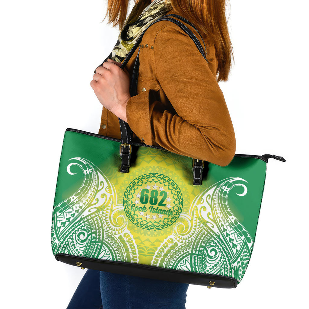 Cook Islands 682 Leather Tote Bag Kuki 'Airani Area Code Proud LT14 Green - Polynesian Pride