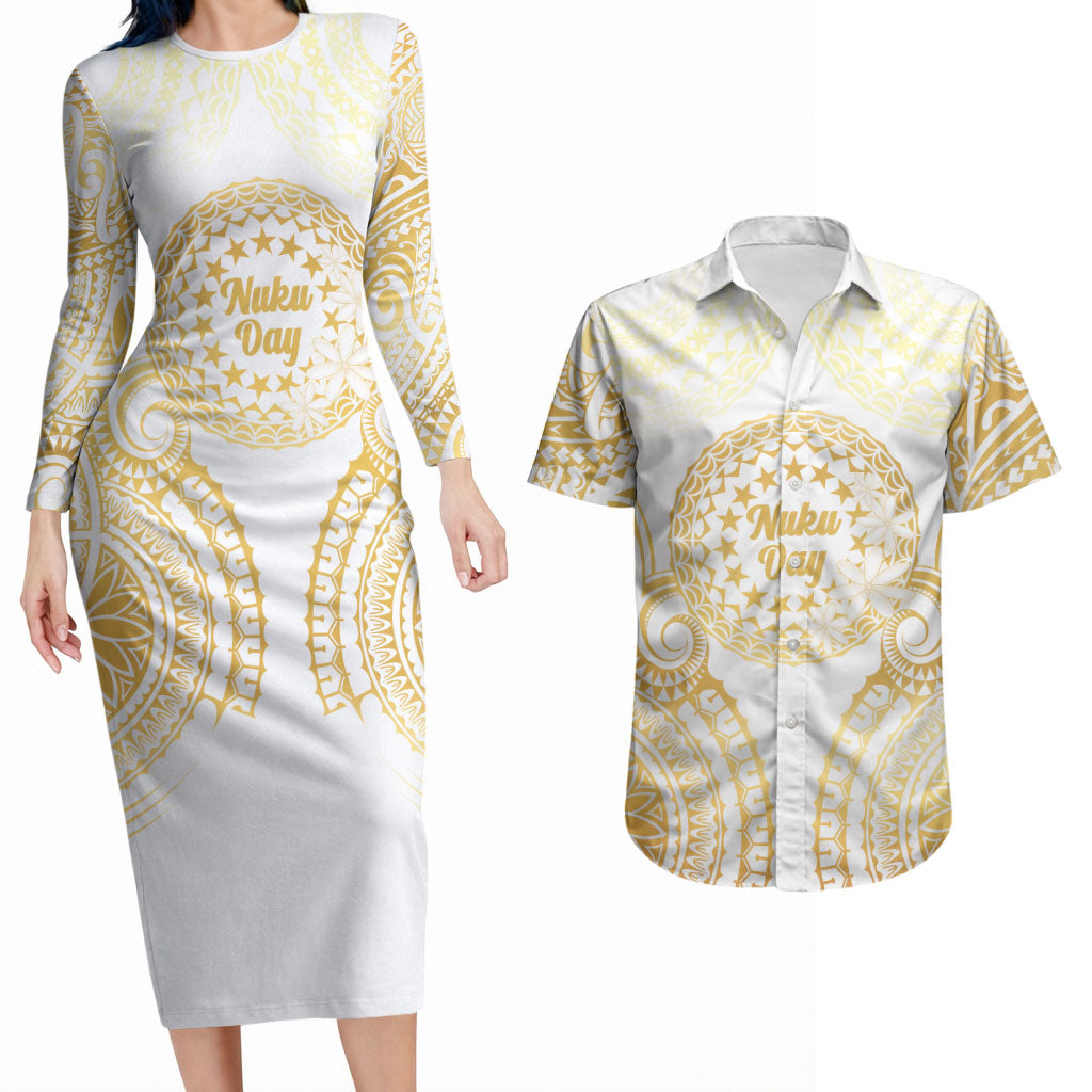 Cook Islands Gospel Day Couples Matching Long Sleeve Bodycon Dress and Hawaiian Shirt Happy Nuku Day Tiare Maori Gold LT14 Gold - Polynesian Pride