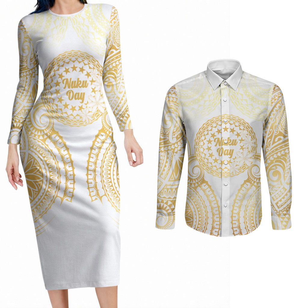 Cook Islands Gospel Day Couples Matching Long Sleeve Bodycon Dress and Long Sleeve Button Shirt Happy Nuku Day Tiare Maori Gold LT14 Gold - Polynesian Pride