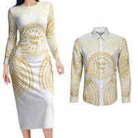 Cook Islands Gospel Day Couples Matching Long Sleeve Bodycon Dress and Long Sleeve Button Shirt Happy Nuku Day Tiare Maori Gold LT14 Gold - Polynesian Pride