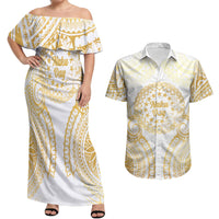 Cook Islands Gospel Day Couples Matching Off Shoulder Maxi Dress and Hawaiian Shirt Happy Nuku Day Tiare Maori Gold LT14 Gold - Polynesian Pride