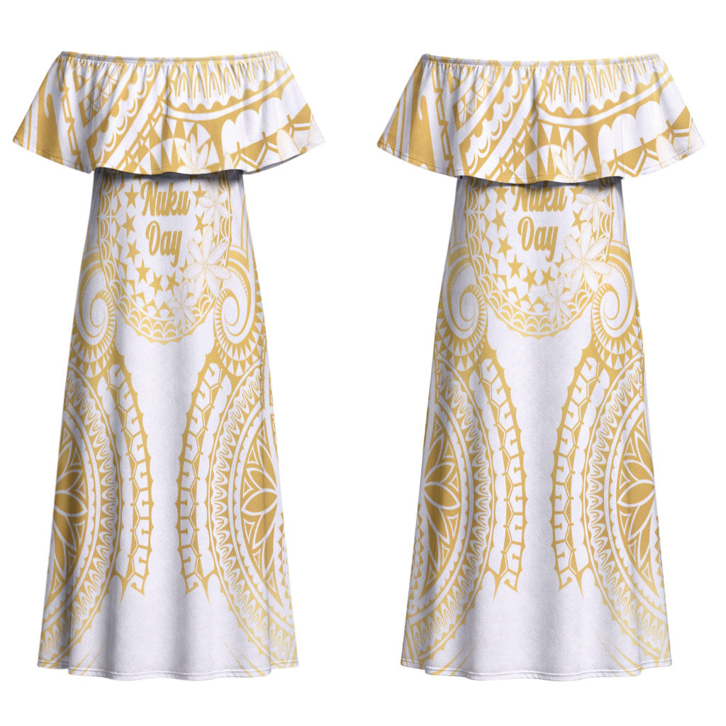 Cook Islands Gospel Day Couples Matching Off Shoulder Maxi Dress and Hawaiian Shirt Happy Nuku Day Tiare Maori Gold LT14 - Polynesian Pride