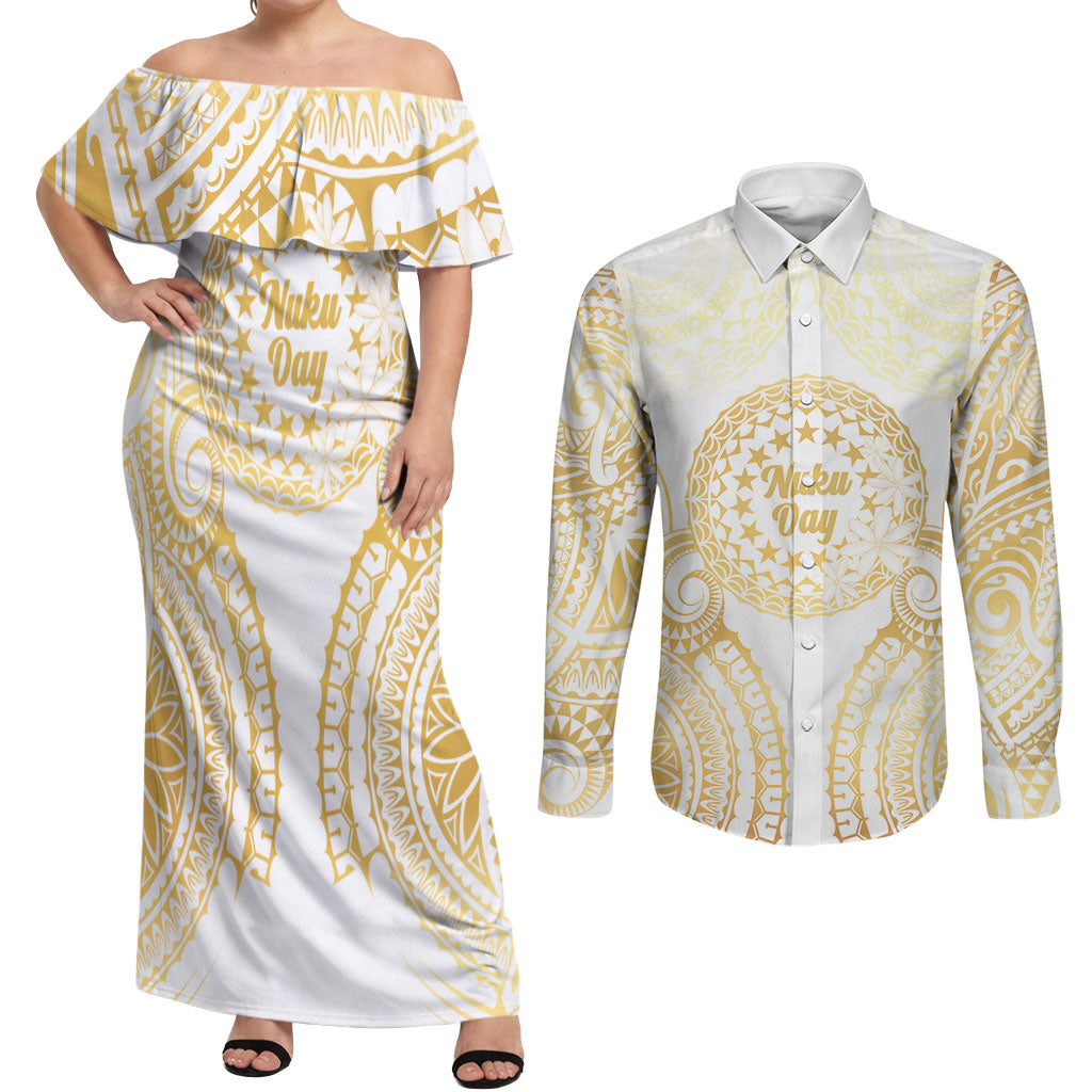 Cook Islands Gospel Day Couples Matching Off Shoulder Maxi Dress and Long Sleeve Button Shirt Happy Nuku Day Tiare Maori Gold