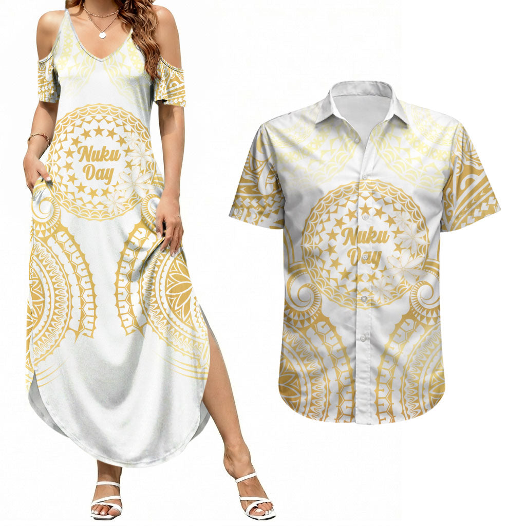 Cook Islands Gospel Day Couples Matching Summer Maxi Dress and Hawaiian Shirt Happy Nuku Day Tiare Maori Gold