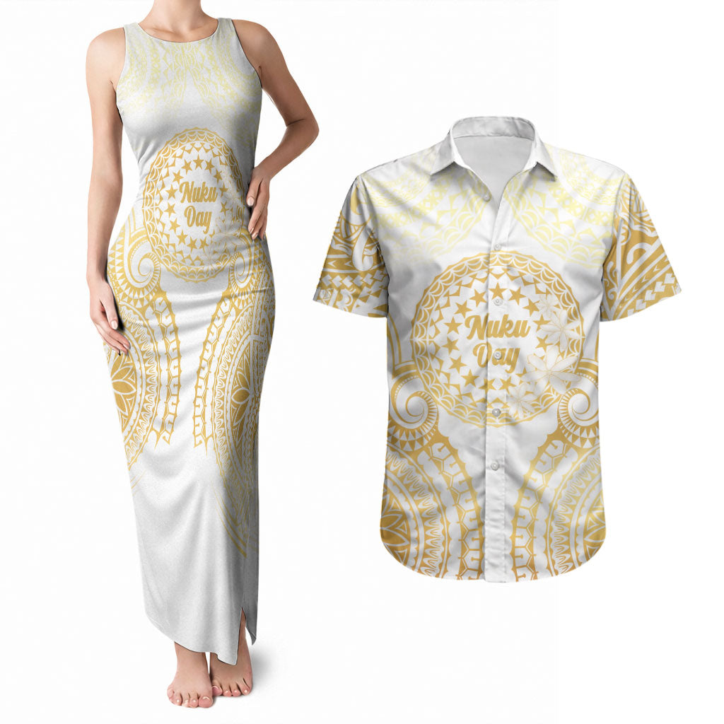 Cook Islands Gospel Day Couples Matching Tank Maxi Dress and Hawaiian Shirt Happy Nuku Day Tiare Maori Gold LT14 Gold - Polynesian Pride