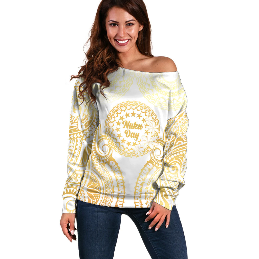 Cook Islands Gospel Day Off Shoulder Sweater Happy Nuku Day Tiare Maori Gold