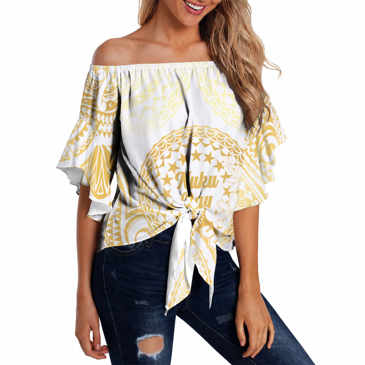 Cook Islands Gospel Day Off Shoulder Wrap Waist Top Happy Nuku Day Tiare Maori Gold