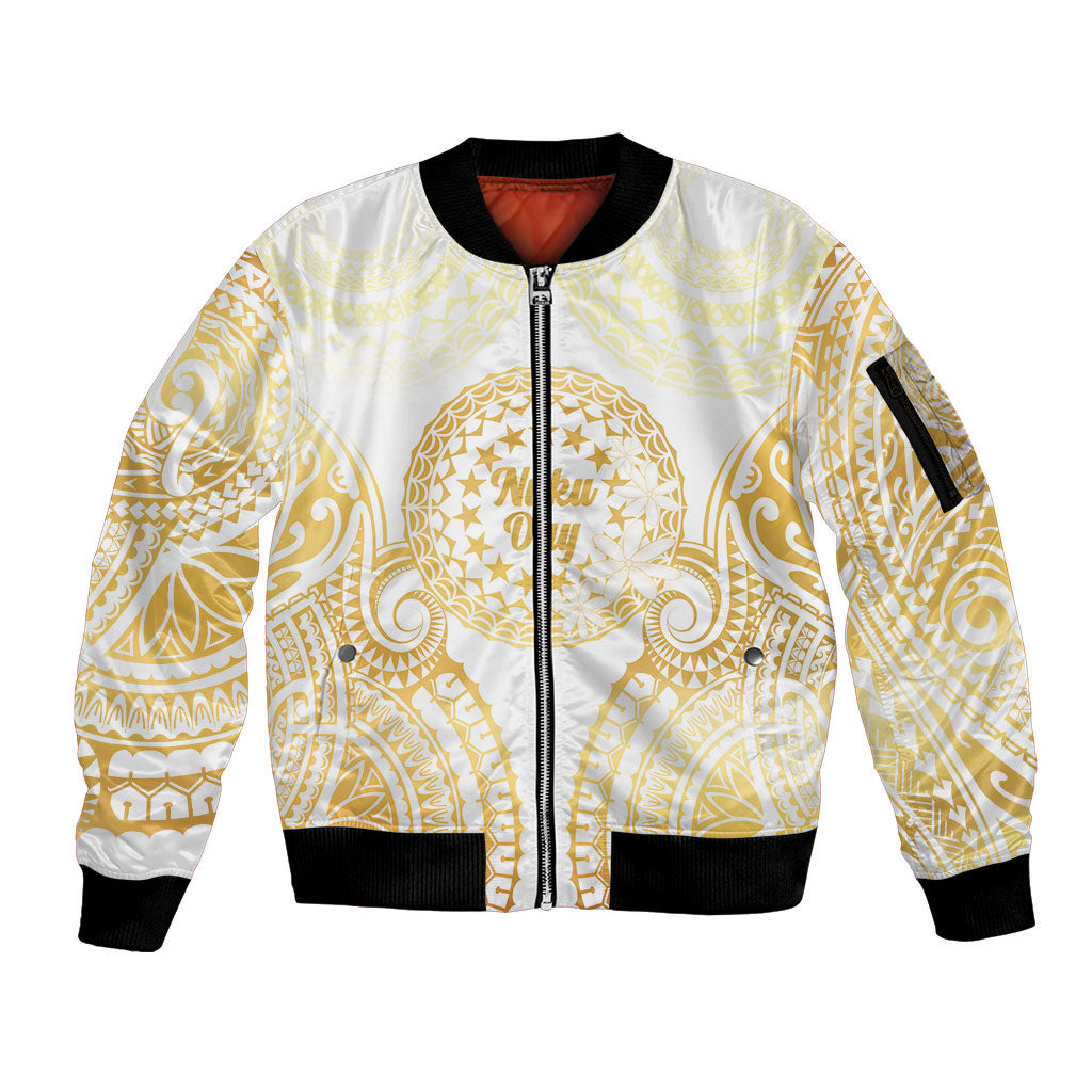 Cook Islands Gospel Day Sleeve Zip Bomber Jacket Happy Nuku Day Tiare Maori Gold
