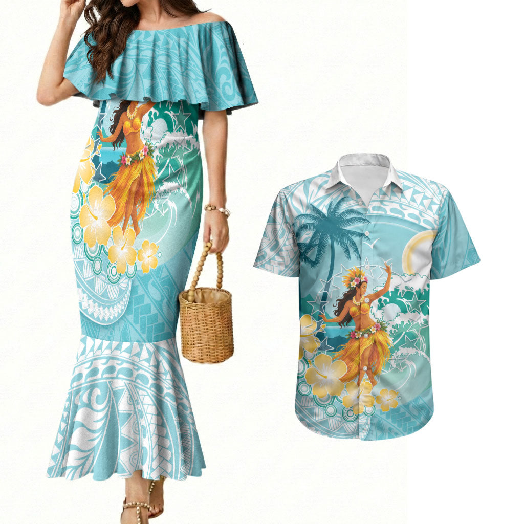 Ura Cook Islands Couples Matching Mermaid Dress and Hawaiian Shirt Kuki 'Airani Traditional Dance Tropical Vibes LT14 Cyan - Polynesian Pride