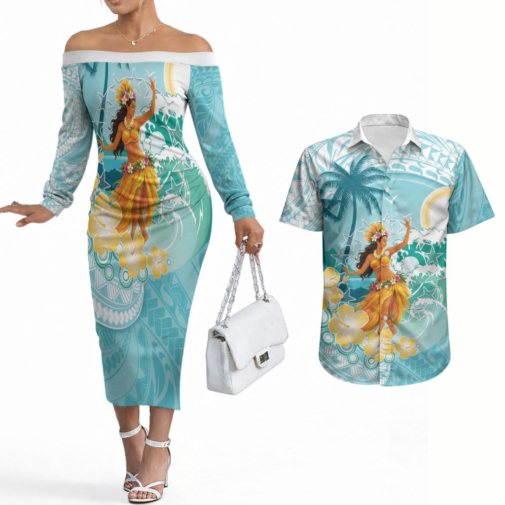 Ura Cook Islands Couples Matching Off The Shoulder Long Sleeve Dress and Hawaiian Shirt Kuki 'Airani Traditional Dance Tropical Vibes LT14 Cyan - Polynesian Pride