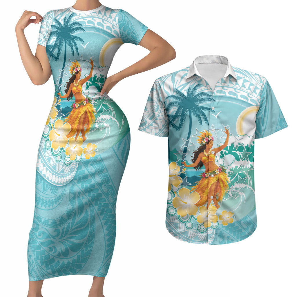 Ura Cook Islands Couples Matching Short Sleeve Bodycon Dress and Hawaiian Shirt Kuki 'Airani Traditional Dance Tropical Vibes
