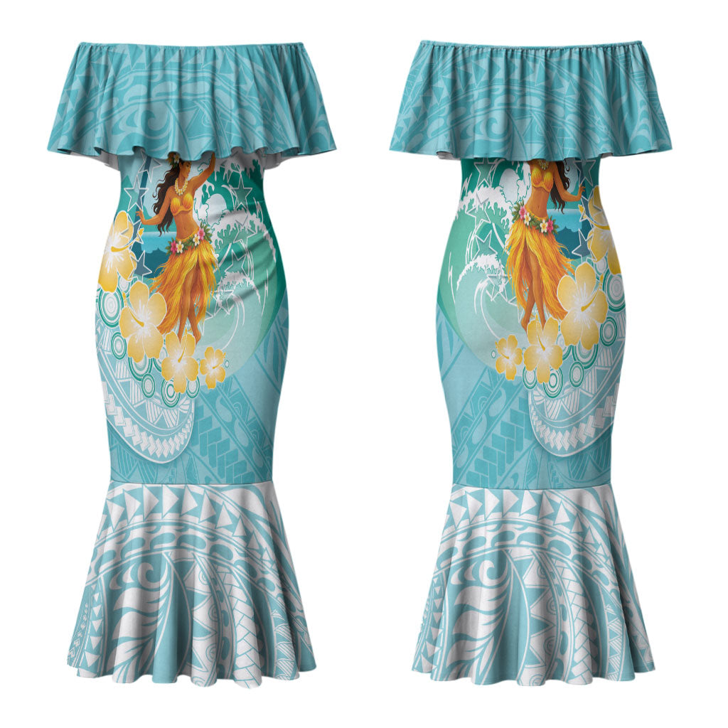 Ura Cook Islands Family Matching Mermaid Dress and Hawaiian Shirt Kuki 'Airani Traditional Dance Tropical Vibes LT14 Mom's Dress Cyan - Polynesian Pride