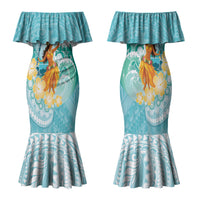 Ura Cook Islands Family Matching Mermaid Dress and Hawaiian Shirt Kuki 'Airani Traditional Dance Tropical Vibes LT14 Mom's Dress Cyan - Polynesian Pride