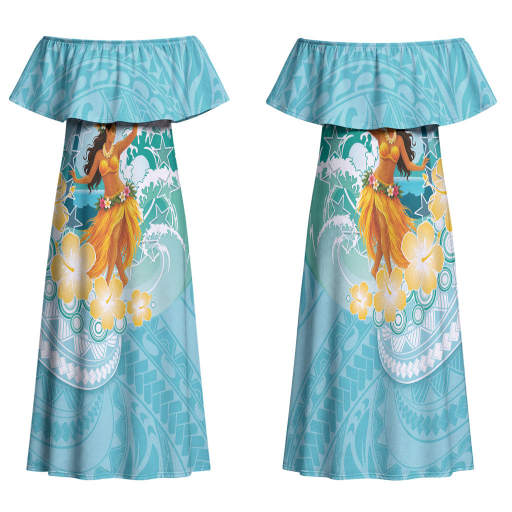 Ura Cook Islands Family Matching Off Shoulder Maxi Dress and Hawaiian Shirt Kuki 'Airani Traditional Dance Tropical Vibes LT14 Mom's Dress Cyan - Polynesian Pride