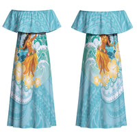 Ura Cook Islands Family Matching Off Shoulder Maxi Dress and Hawaiian Shirt Kuki 'Airani Traditional Dance Tropical Vibes LT14 Mom's Dress Cyan - Polynesian Pride